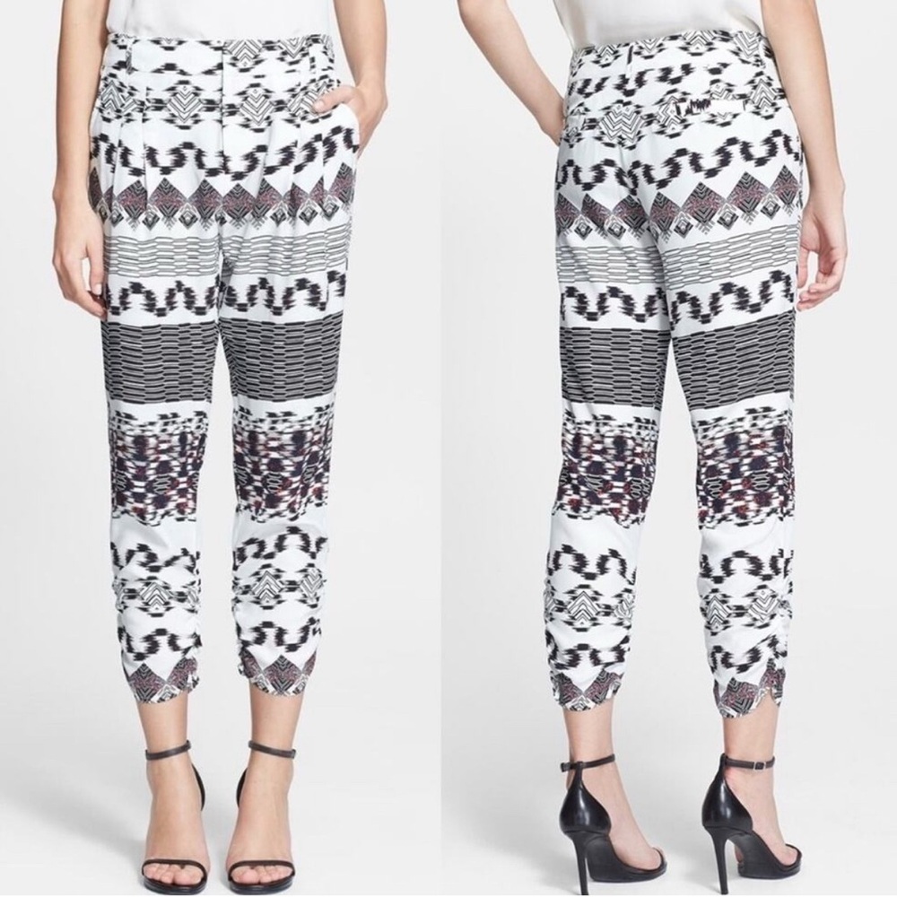 Parker 100% Silk Cropped Black and White Geometric Patterned Women's Pants